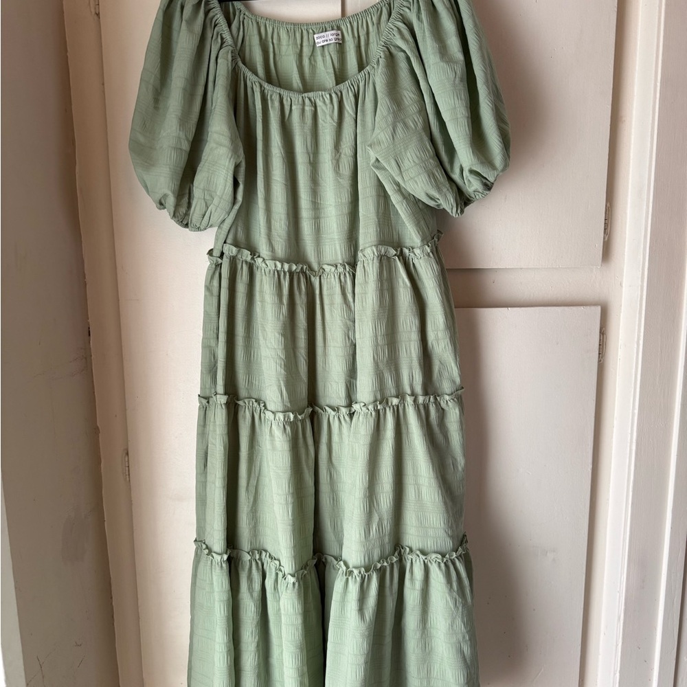 Whimsical Sage Puff Sleeve Midi Dress